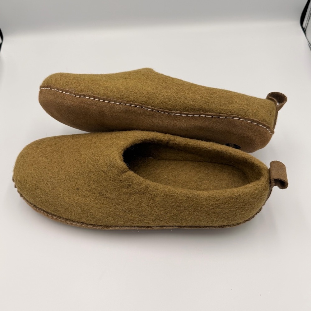 Felted Wool Leather Bottom Olive Green Bohemian Hippie Cozy Backless Slipper 10 - Picture 5 of 6